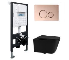 Комплект подвесной унитаз ABBER Rechteck AC1201MB черный матовый с инсталляцией AC0105 и кнопкой AC0121RG золото розовое 