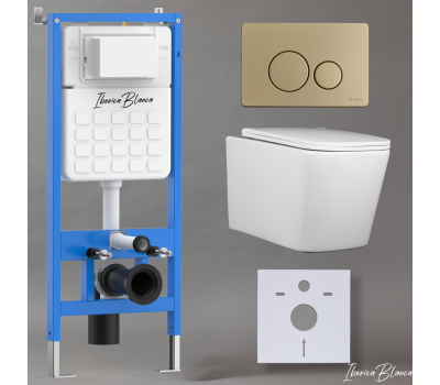 Комплект 3в1 IBERICA BLANCA инсталляция SILENCIO, унитаз TOLEDO ALTO белый, кнопка смыва INOX-O золото матовое (IB001.TLA.234.815) 