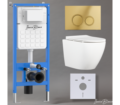 Комплект 3в1 IBERICA BLANCA инсталляция SILENCIO, унитаз BILBAO ALTO белый, кнопка смыва ESTI-O золото глянцевое (IB001.BLA.234.826) 