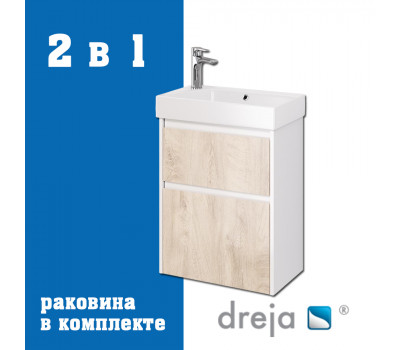 Тумба с раковиной подвесная Dreja Slim 55 см, белый/дуб кантри