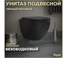 Унитаз подвесной безободковый с быстросъемным сиденьем микролифт Teymi Lina S Black черный матовый T40111 