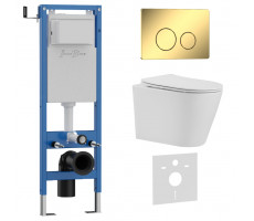Комплект 3в1 IBERICA BLANCA инсталляция SILENCIO MINI, унитаз BURGOS ALTO белый, кнопка смыва INOX-O золото глянцевое (IB.001M.BRA.234.816) 