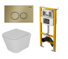 Комплект D&K Унитаз подвесной  безободковый DT1436016, Инсталляция DI8050127, Клавиша смыва DB1529007 матовое золото (DS1431630) 