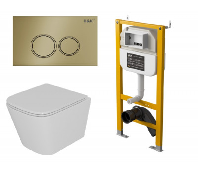 Комплект D&K Унитаз подвесной  безободковый DT1436016, Инсталляция DI8050127, Клавиша смыва DB1529007 матовое золото (DS1431630) 