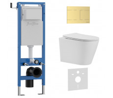 Комплект 3в1 IBERICA BLANCA инсталляция SILENCIO MINI, унитаз BURGOS ALTO белый, кнопка смыва INOX-R золото матовое (IB.001M.BRA.234.1503) 