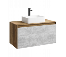 Подвесная тумба 100 см с двумя ящиками: основной и внутренний, скрытый за фасадом. с умывальником AQWELLA MOB0110DB+MOB0710BS Дерево тёмное, Бетон светлый 