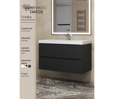 Тумба под раковину 90 см, Uperwood Tanos, черная матовая 291020233 
