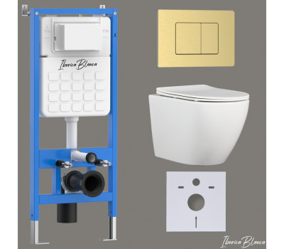 Комплект 3в1 IBERICA BLANCA инсталляция SILENCIO, унитаз BILBAO ALTO белый, кнопка смыва INOX-C золото матовое (IB001.BLA.234.1150) 