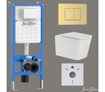 Комплект 3в1 IBERICA BLANCA инсталляция SILENCIO, унитаз TOLEDO ALTO белый, кнопка смыва INOX-C золото матовое (IB001.TLA.234.1150) 