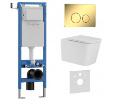 Комплект 3в1 IBERICA BLANCA инсталляция SILENCIO MINI, унитаз TOLEDO ALTO белый, кнопка смыва INOX-O золото глянцевое (IB.001M.TLA.234.816) 