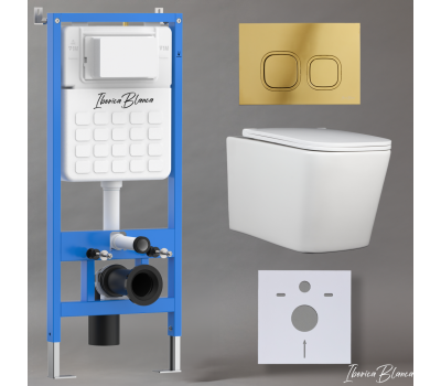 Комплект 3в1 IBERICA BLANCA инсталляция SILENCIO, унитаз TOLEDO ALTO белый, кнопка смыва ESTI-Q золото глянцевое (IB001.TLA.234.836) 