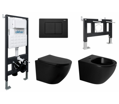 Комплект ABBER унитаз AC1100MB черный матовый с инсталляцией AC0105 и кнопкой AC0120MB, биде AC1150MB с инсталляцией AC0101P 