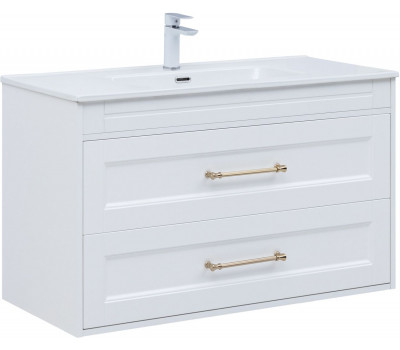 Тумба с раковиной Aquanet Бостон new 100 (Flat) цв.белый сатин, ручки золото 00347849 Тумба с раковиной Aquanet Бостон new 100 (Flat) цв.белый сатин, ручки золото 00347849