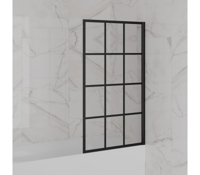 Душевая шторка на ванну Screen 80 см, неподвижная, принт решетка, профиль черный Paini-ScreenWT80G 
