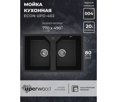 Кухонная мойка из искусственного камня Uperwood ECON UPD-402-004, прямоугольная, 2 чаши, черная матовая 4010202115 