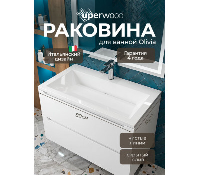 Раковина для ванной 80 см, Uperwood Olivia, с щелевым сливом, белая глянцевая ROlivia80wg 