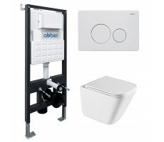 Комплект подвесной унитаз ABBER Rechteck AC1219TC белый, с закрытым дном с инсталляцией AC0105 и кнопкой AC0121MW белая матовая 