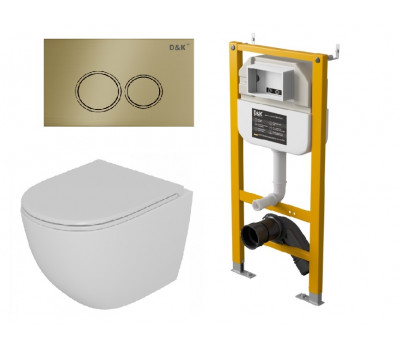 Комплект D&K Унитаз подвесной безободковый DT1396016, Инсталляция DI8050127, Клавиша смыва DB1529007, матовое золото (DS1391622) 