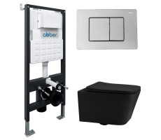 Комплект подвесной унитаз ABBER Rechteck AC1201MB черный матовый с инсталляцией AC0105 и кнопкой AC0120 хром 