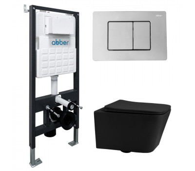 Комплект подвесной унитаз ABBER Rechteck AC1201MB черный матовый с инсталляцией AC0105 и кнопкой AC0120 хром 