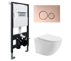 Комплект подвесной унитаз ABBER Bequem AC1100T белый с инсталляцией AC0105 и кнопкой AC0121RG золото розовое Комплект подвесной унитаз ABBER Bequem AC1100T белый с инсталляцией AC0105 и кнопкой AC0121RG золото розовое