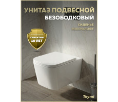 Унитаз подвесной безободковый с быстросъемным сиденьем микролифт Teymi Helmi PP T40312 
